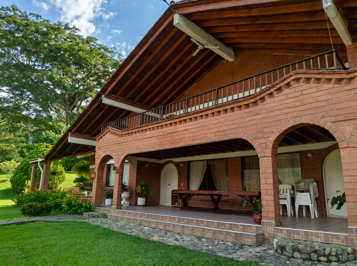 Fachada principal de ladrillo y corredores