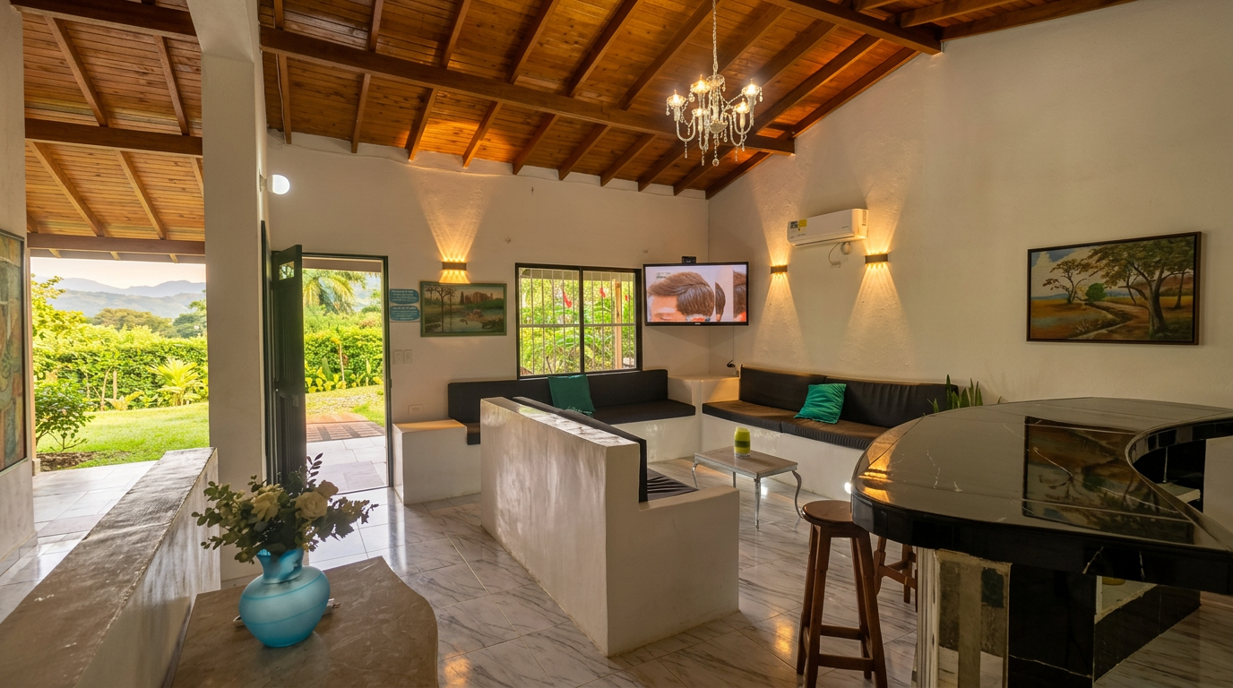 Sala amplia con vista al jardín