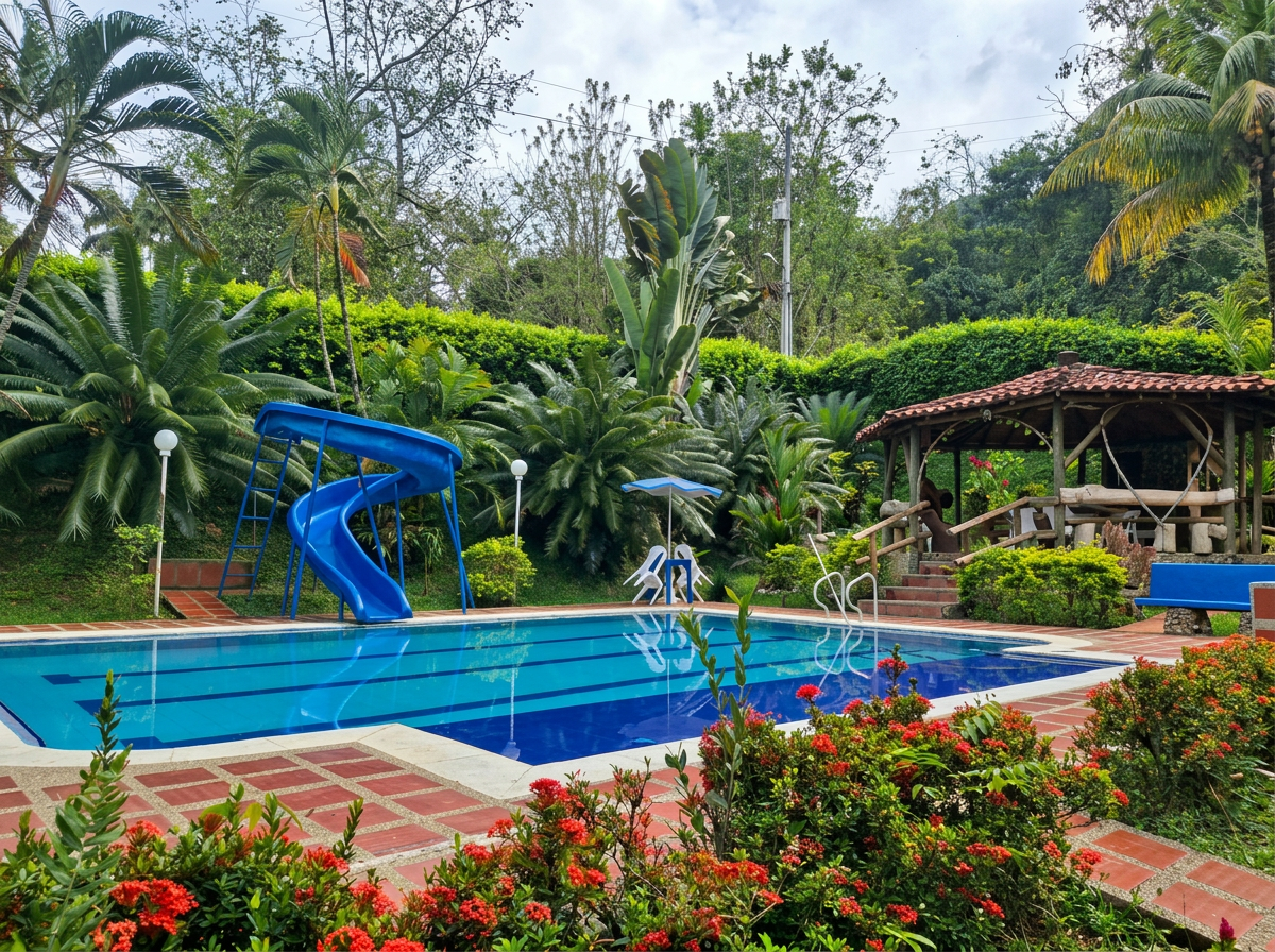 Piscina y jardín tropical